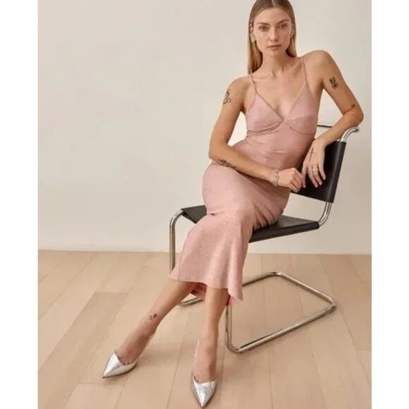 REFORMATION Disco Midi Dress V-Neck Metallic Maxi Rose Sparkle Pink Slip Dress - Picture 3 of 12